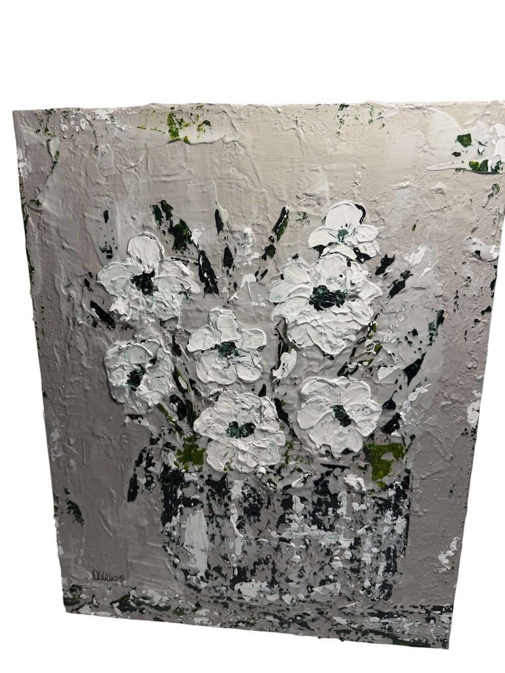 Original Artwork Blooms Textured White with Dark Green on Gray 16 x 20" - Picture 2 of 16